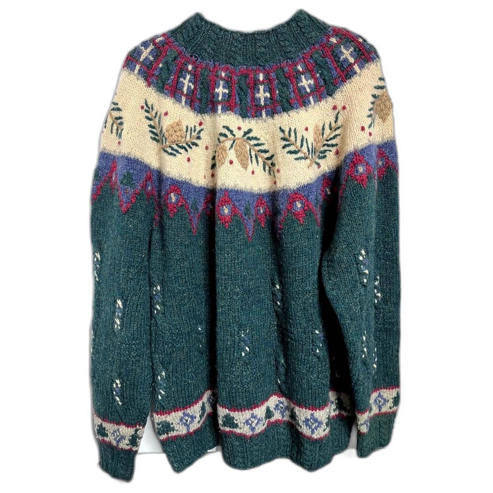 Talbots Women's Vtg Nordic Pine 100% Wool Sweater Knitted By Hand XL